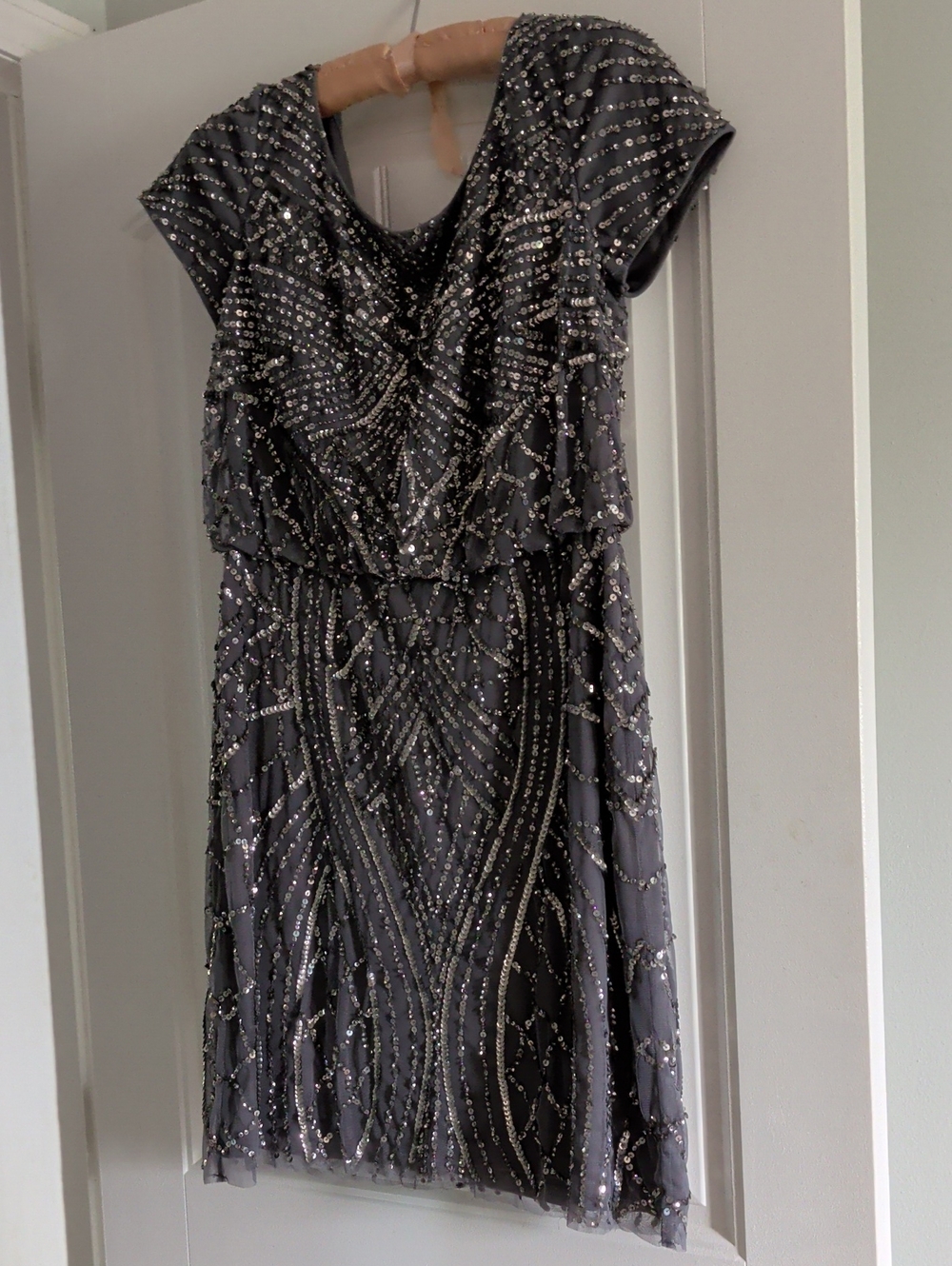 Adrianna Papell Charcoal Gray Sequined Cap Sleeve Dress